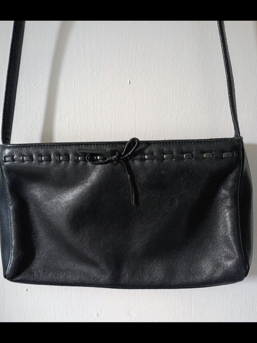 Classic Black Leather Shoulder Bag with Bow Accent 9x6 Inches